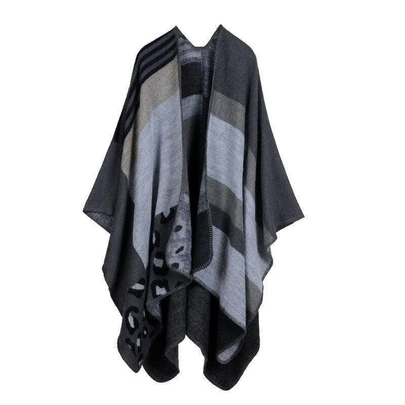 Lattice Women Travel Shawl Imitation Cashmere European  National Style Fork Thickened Cloak Ponchos Capes