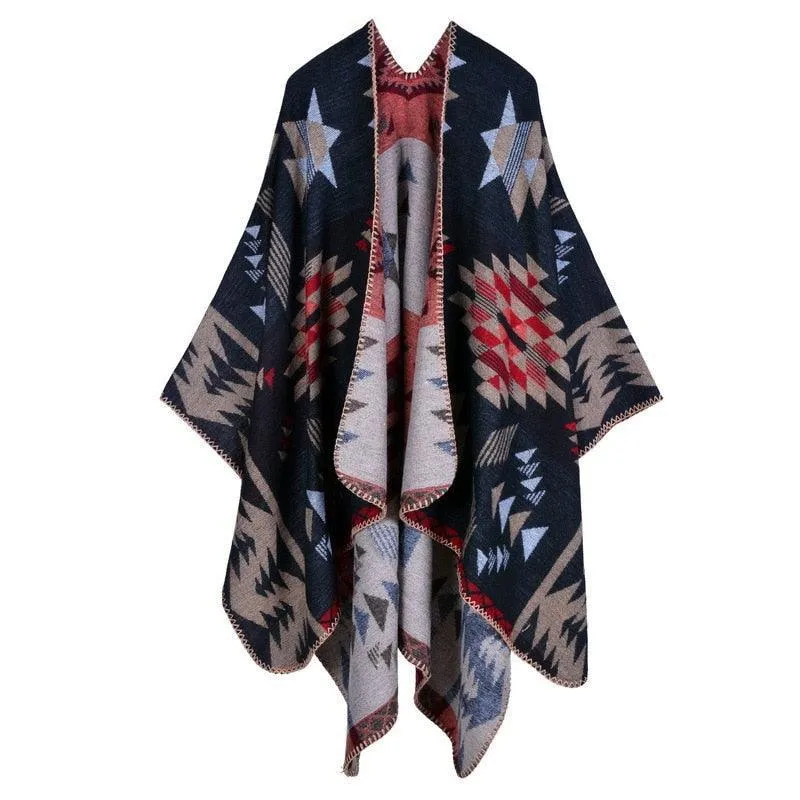 Lattice Women Travel Shawl Imitation Cashmere European  National Style Fork Thickened Cloak Ponchos Capes