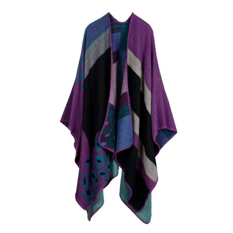 Lattice Women Travel Shawl Imitation Cashmere European  National Style Fork Thickened Cloak Ponchos Capes