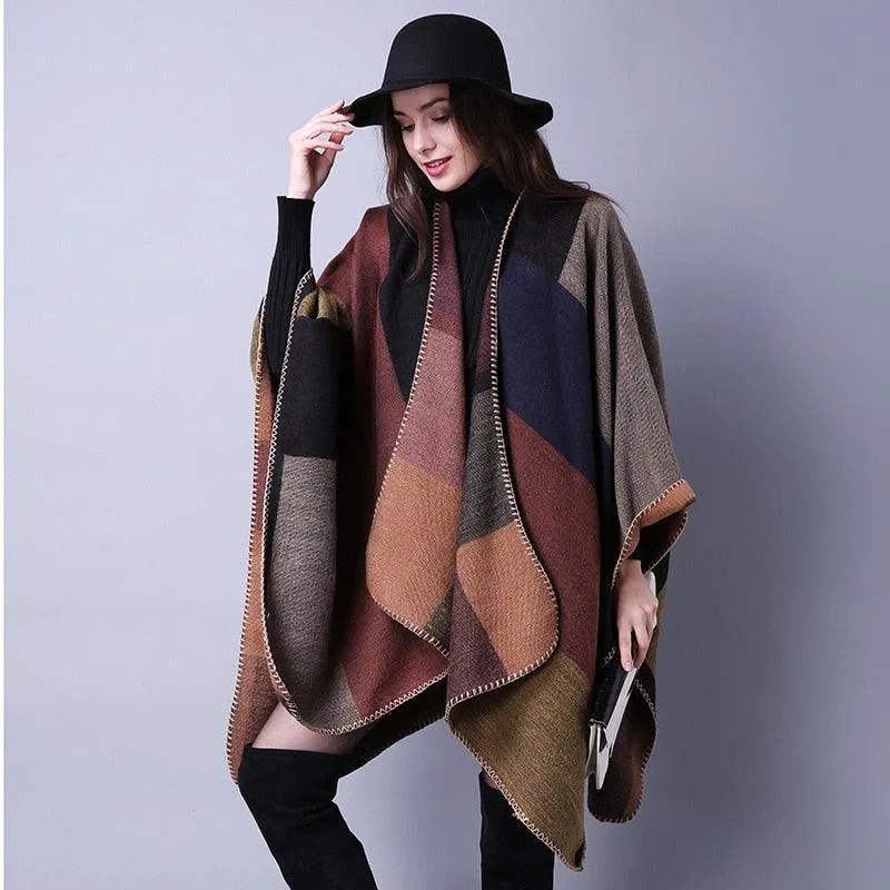 Lattice Women Travel Shawl Imitation Cashmere European  National Style Fork Thickened Cloak Ponchos Capes