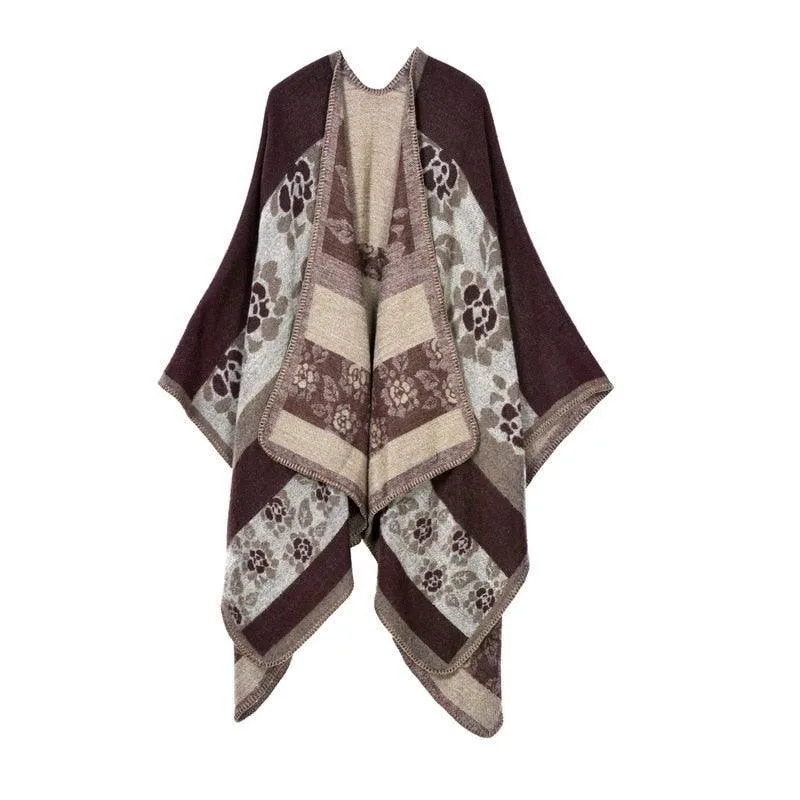 Lattice Women Travel Shawl Imitation Cashmere European  National Style Fork Thickened Cloak Ponchos Capes