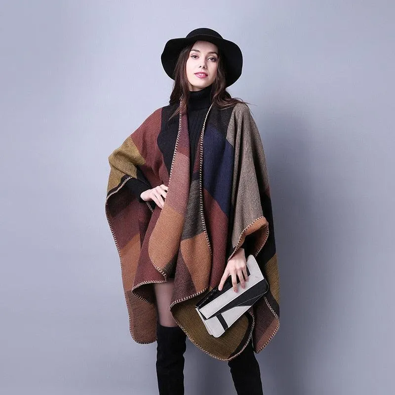 Lattice Women Travel Shawl Imitation Cashmere European  National Style Fork Thickened Cloak Ponchos Capes