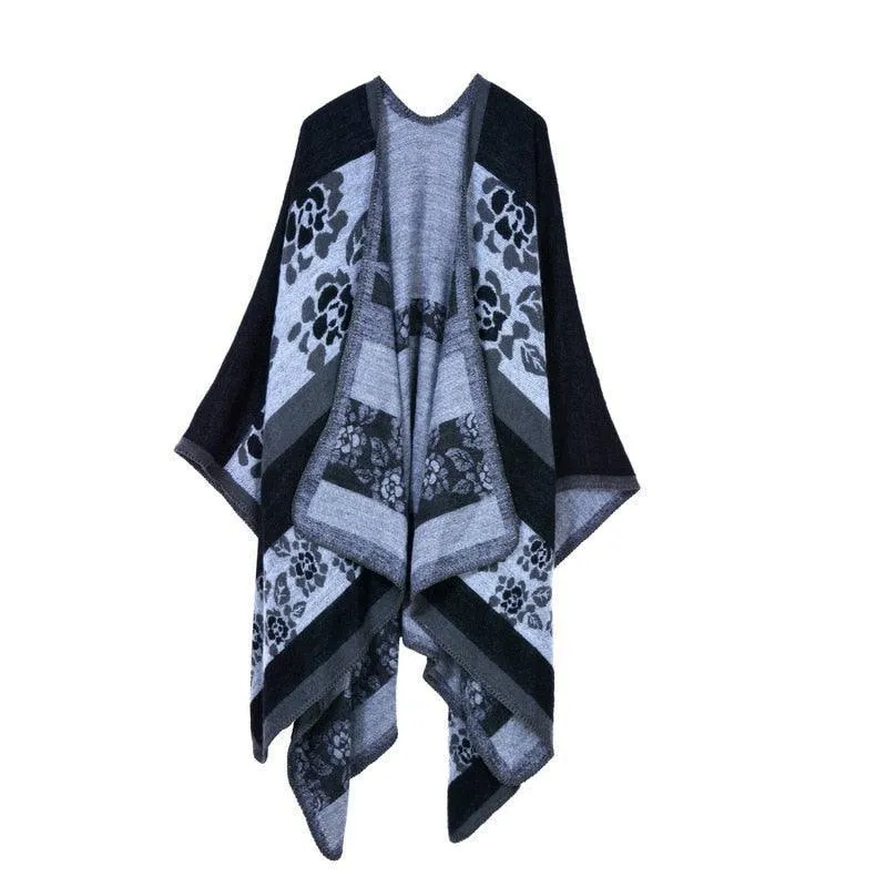 Lattice Women Travel Shawl Imitation Cashmere European  National Style Fork Thickened Cloak Ponchos Capes