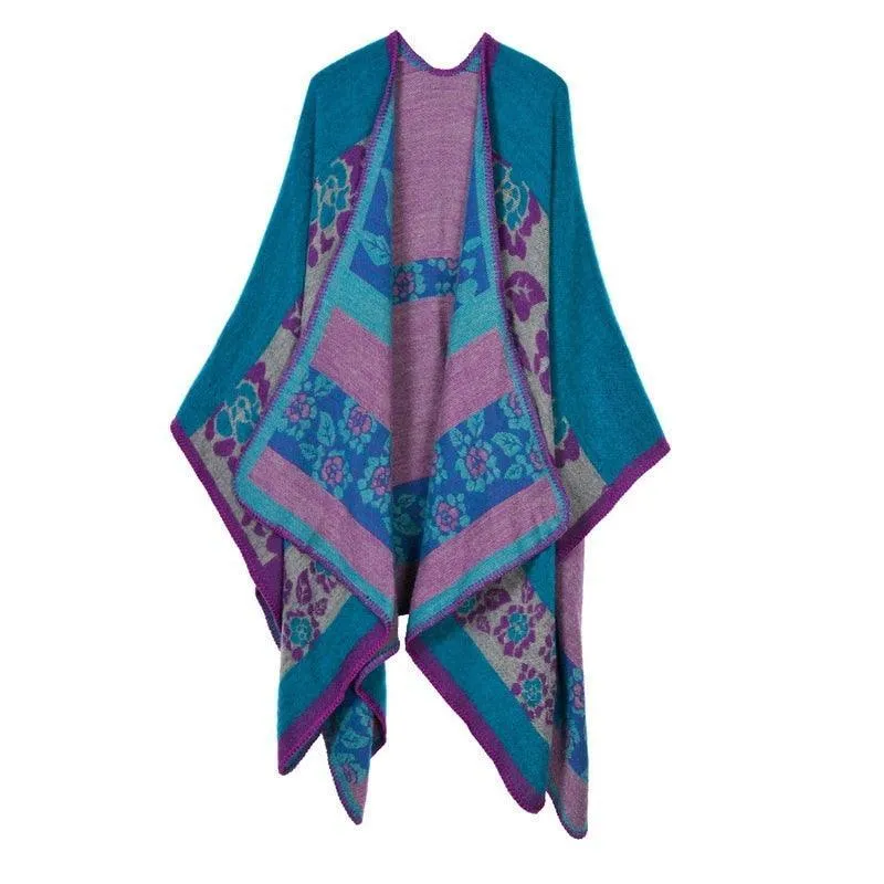 Lattice Women Travel Shawl Imitation Cashmere European  National Style Fork Thickened Cloak Ponchos Capes