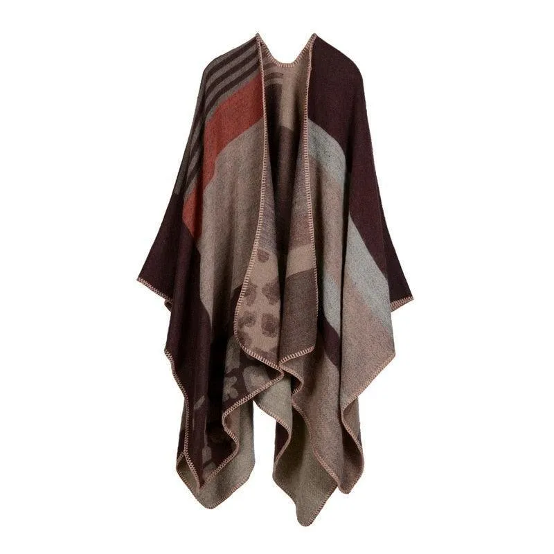 Lattice Women Travel Shawl Imitation Cashmere European  National Style Fork Thickened Cloak Ponchos Capes