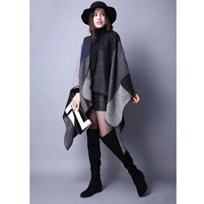 Lattice Women Travel Shawl Imitation Cashmere European  National Style Fork Thickened Cloak Ponchos Capes