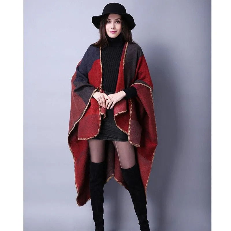 Lattice Women Travel Shawl Imitation Cashmere European  National Style Fork Thickened Cloak Ponchos Capes