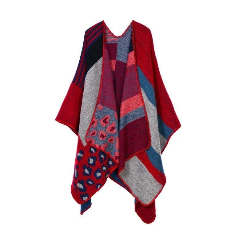 Lattice Women Travel Shawl Imitation Cashmere European  National Style Fork Thickened Cloak Ponchos Capes