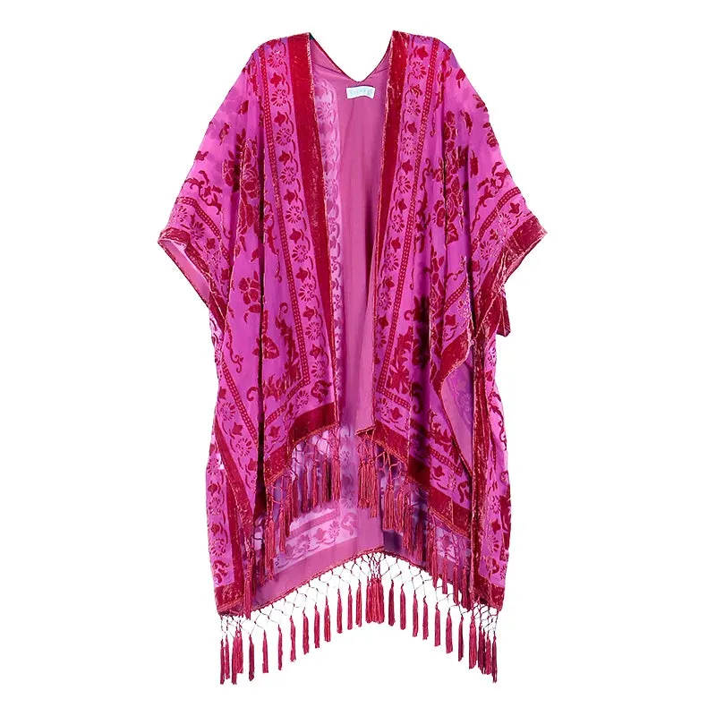 Lida- the 1920s Inspired Burnout Velvet Fringed Kimono 36 Colors and Styles