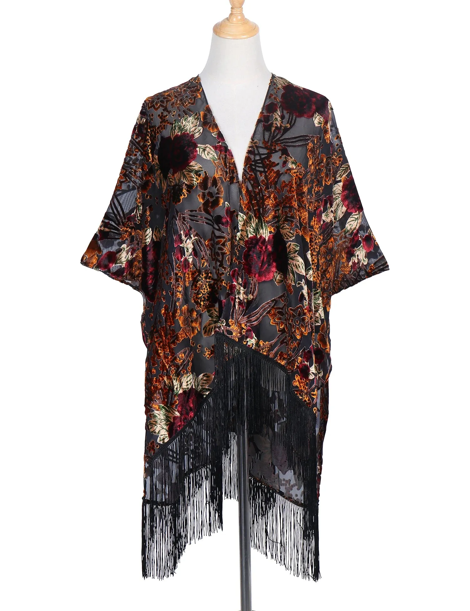 Lida- the 1920s Inspired Burnout Velvet Fringed Kimono 36 Colors and Styles