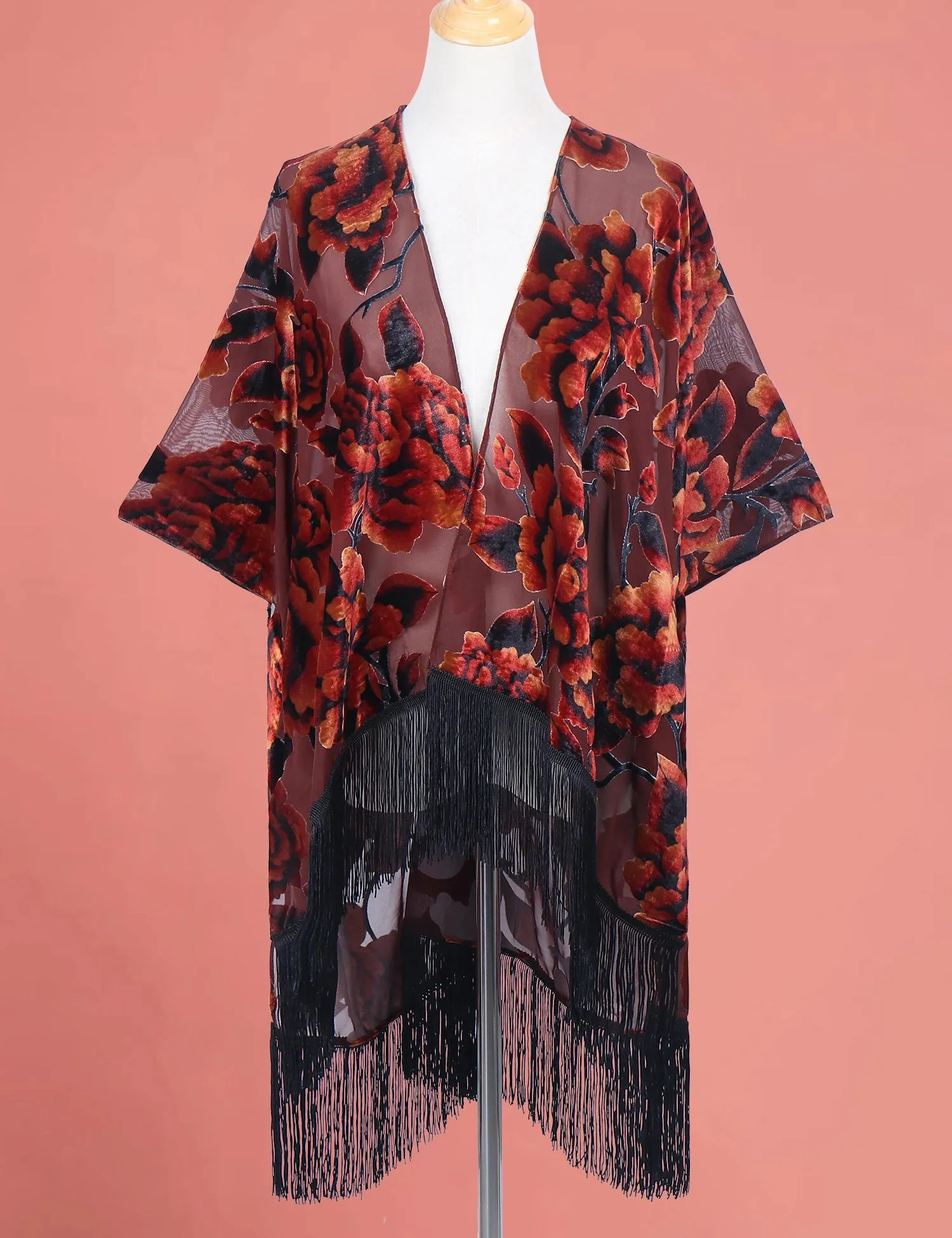 Lida- the 1920s Inspired Burnout Velvet Fringed Kimono 36 Colors and Styles