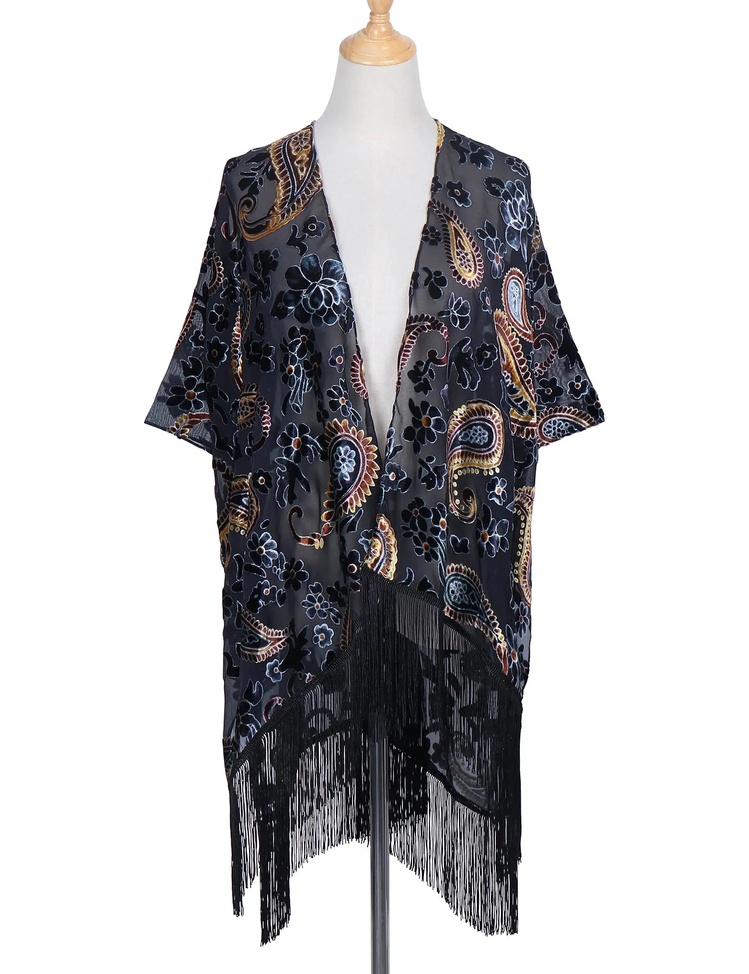 Lida- the 1920s Inspired Burnout Velvet Fringed Kimono 36 Colors and Styles