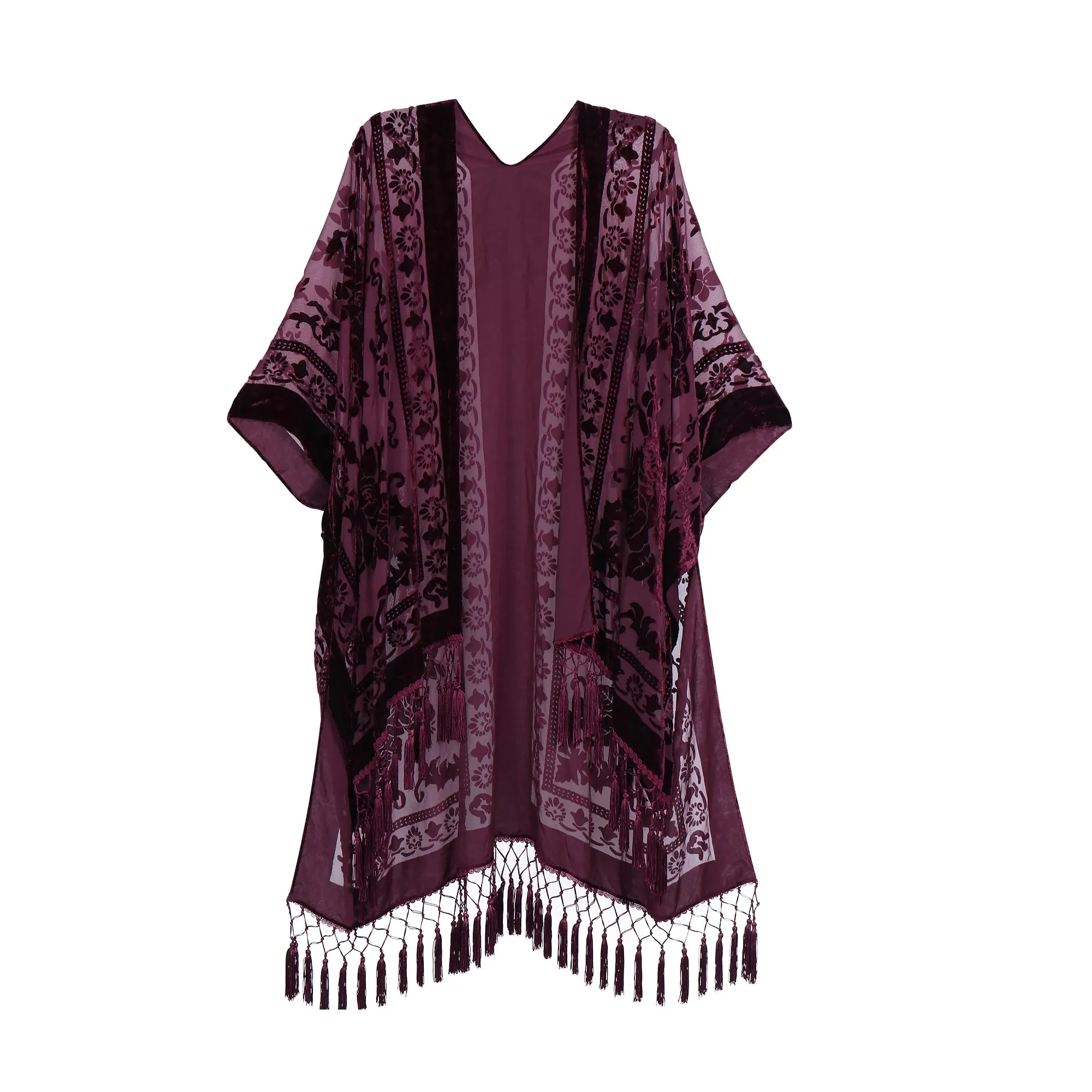 Lida- the 1920s Inspired Burnout Velvet Fringed Kimono 36 Colors and Styles