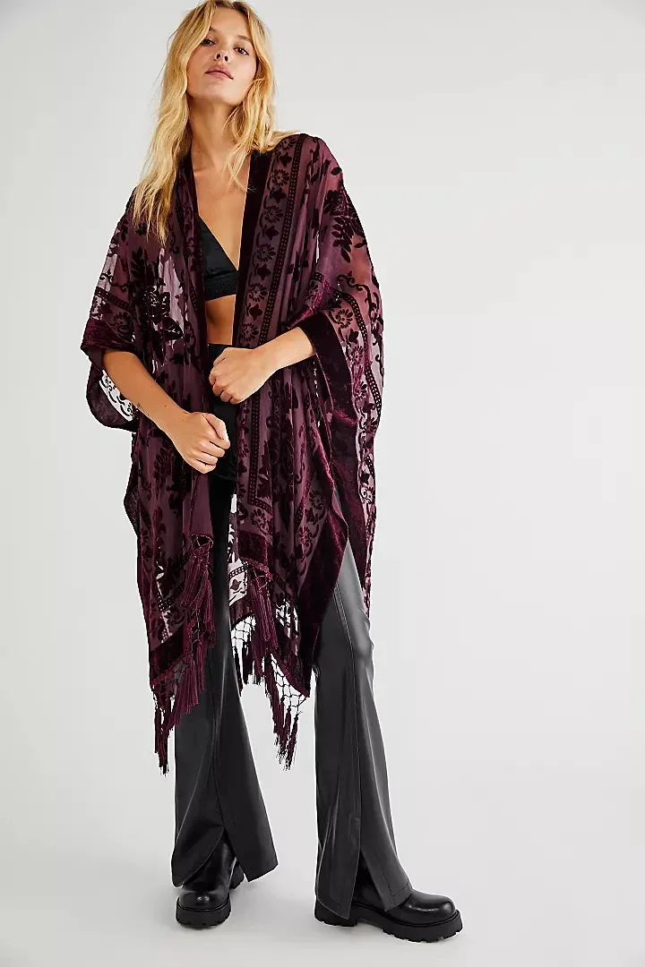 Lida- the 1920s Inspired Burnout Velvet Fringed Kimono 36 Colors and Styles