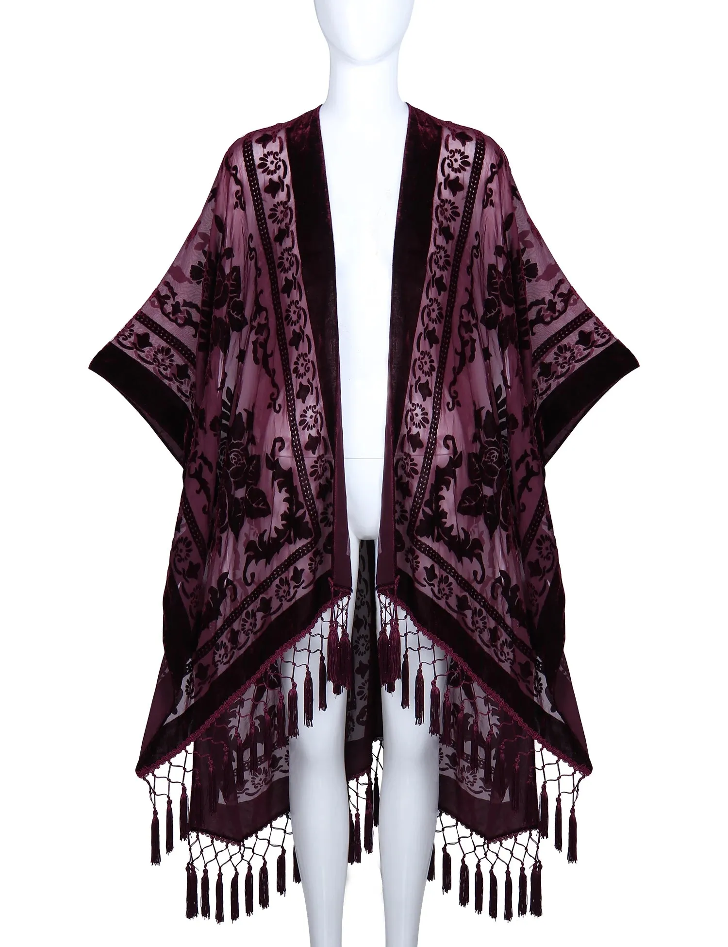 Lida- the 1920s Inspired Burnout Velvet Fringed Kimono 36 Colors and Styles