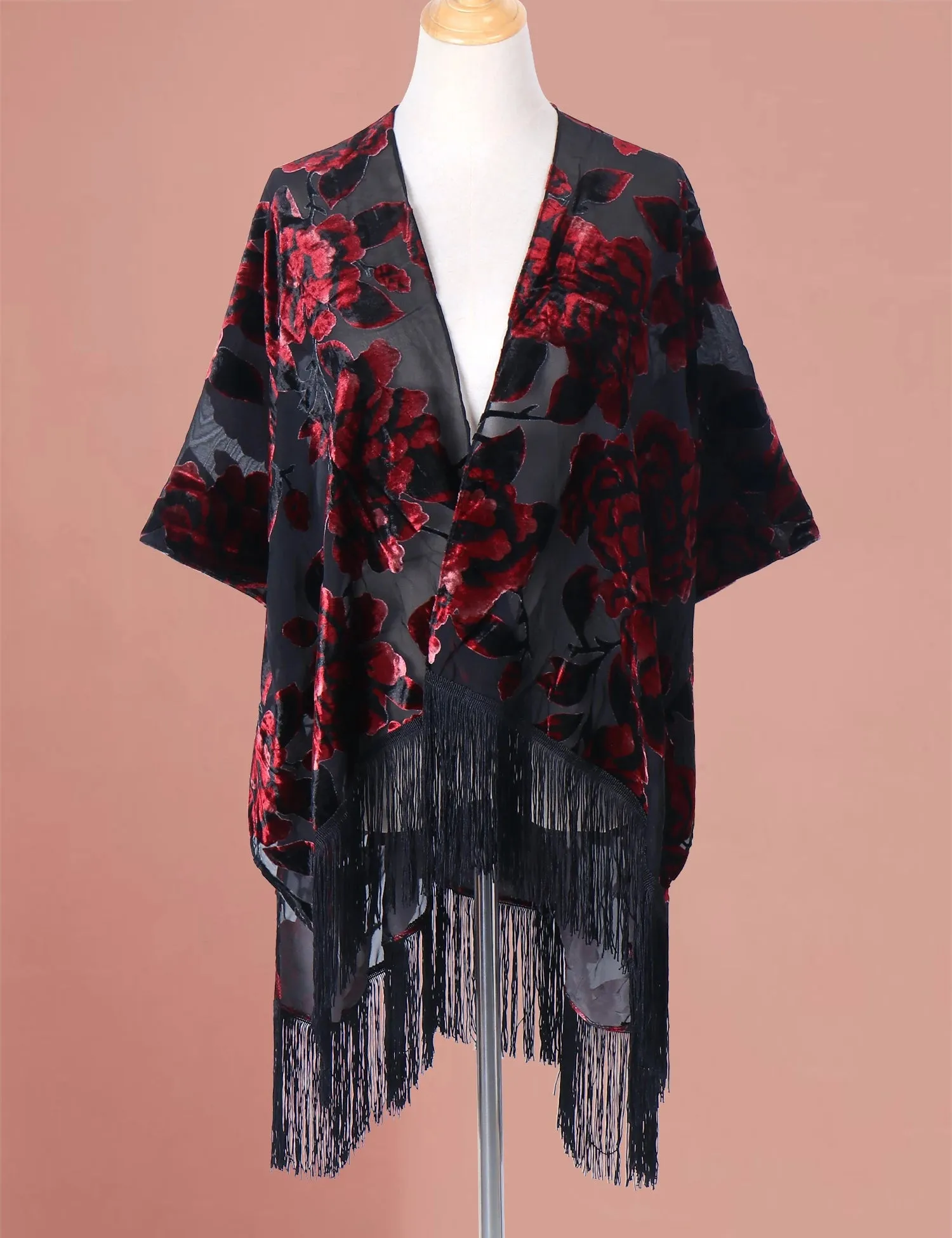 Lida- the 1920s Inspired Burnout Velvet Fringed Kimono 36 Colors and Styles
