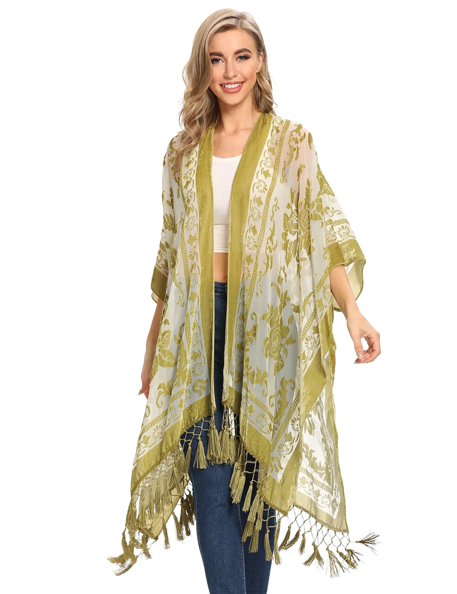 Lida- the 1920s Inspired Burnout Velvet Fringed Kimono 36 Colors and Styles