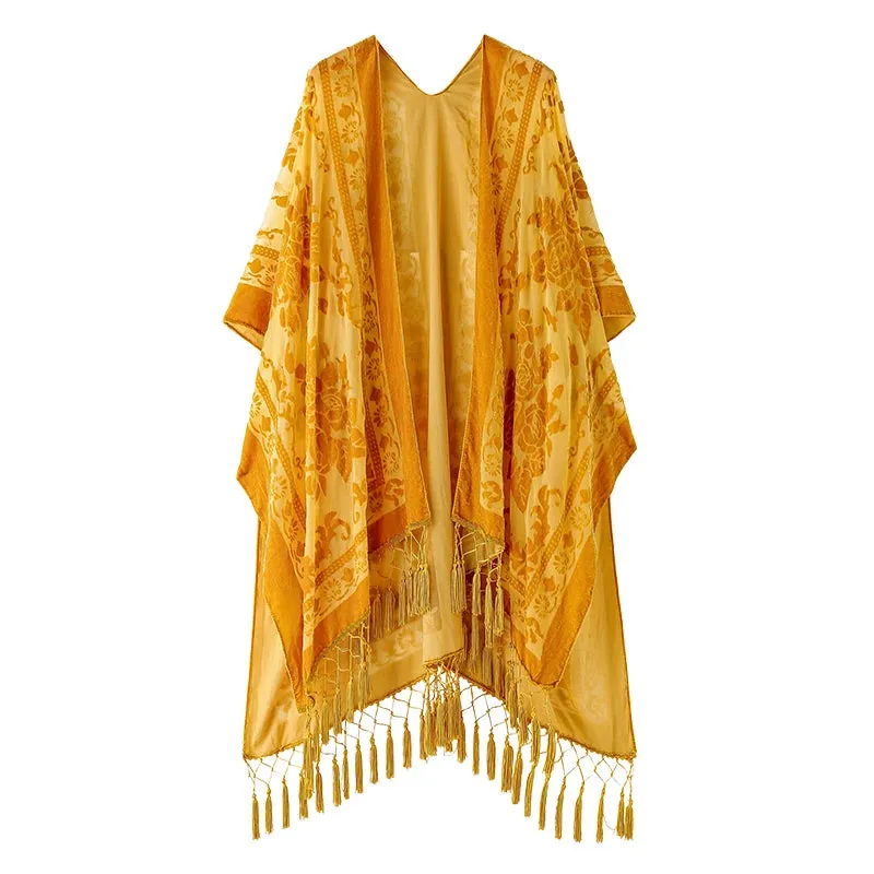 Lida- the 1920s Inspired Burnout Velvet Fringed Kimono 36 Colors and Styles