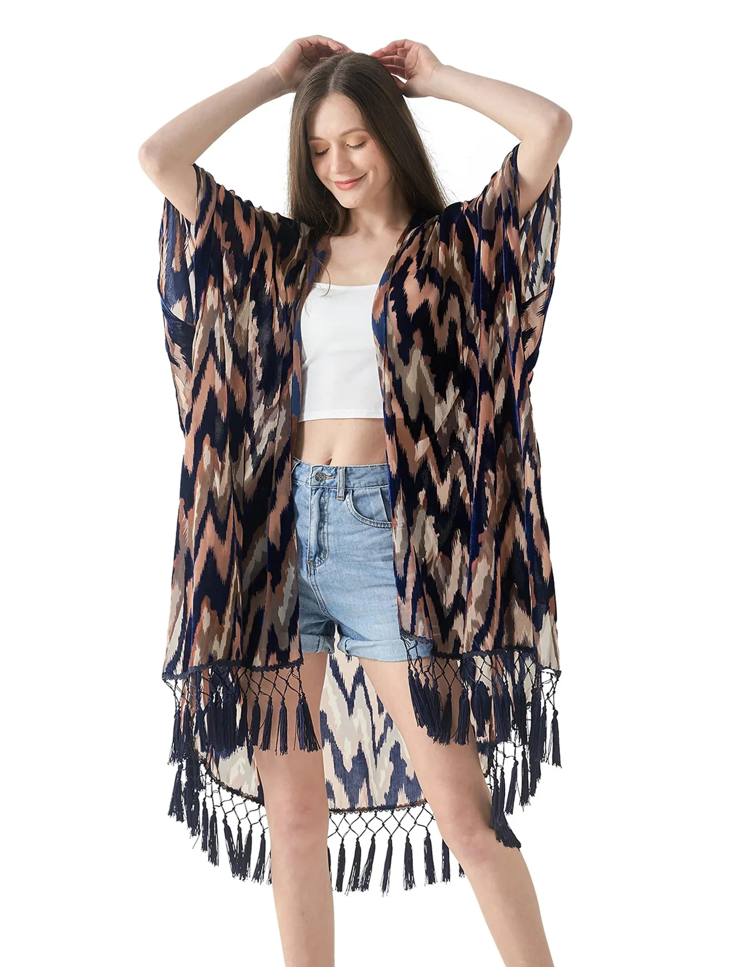 Lida- the 1920s Inspired Burnout Velvet Fringed Kimono 36 Colors and Styles