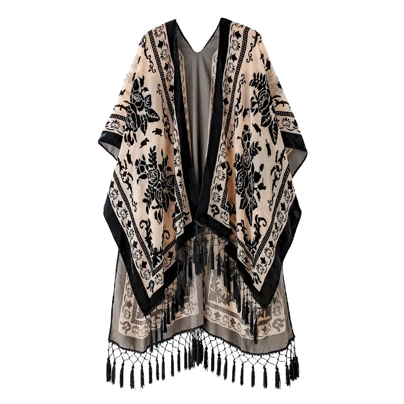 Lida- the 1920s Inspired Burnout Velvet Fringed Kimono 36 Colors and Styles