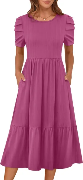 LOGENE Women's Summer Puff Short Sleeve A-Line Midi Dresses Casual Rib Knit T-Shirt Dress Flowy Beach Sundress with Pockets