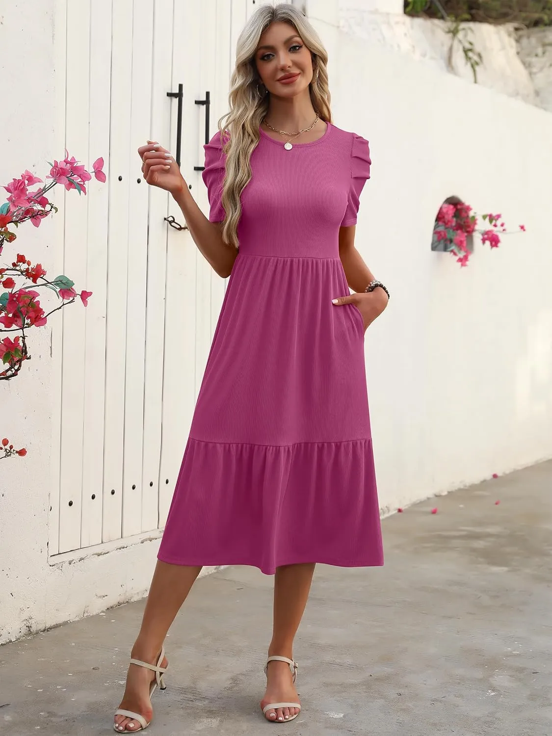 LOGENE Women's Summer Puff Short Sleeve A-Line Midi Dresses Casual Rib Knit T-Shirt Dress Flowy Beach Sundress with Pockets