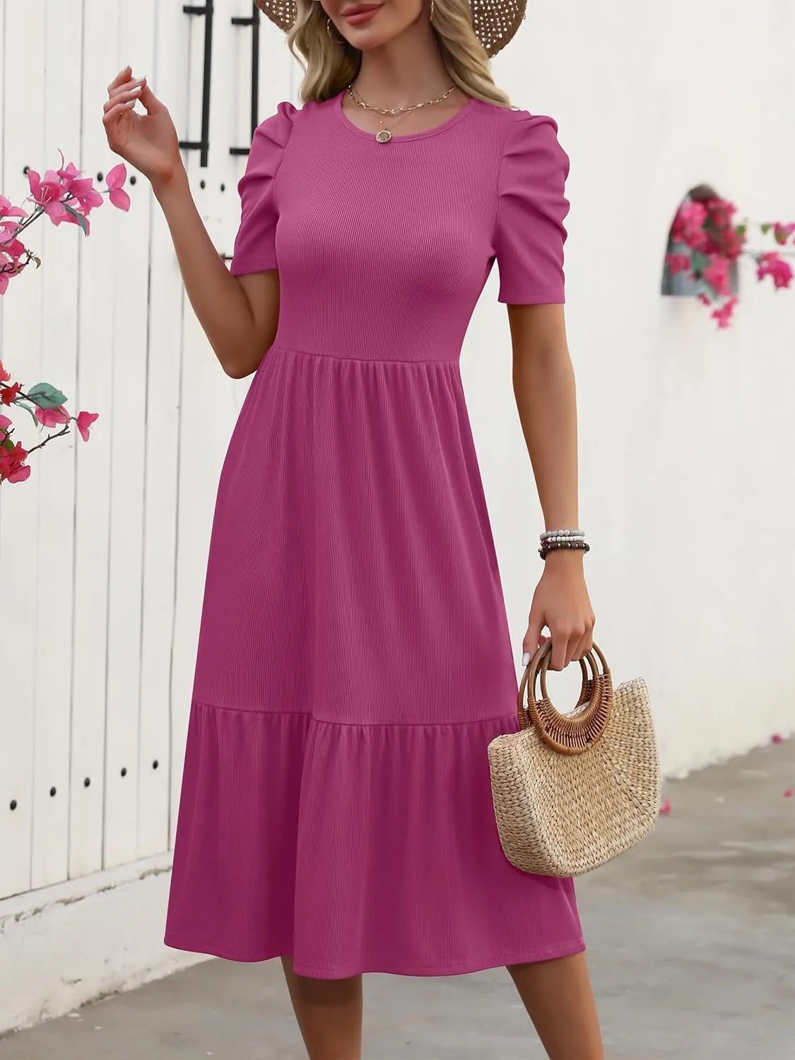 LOGENE Women's Summer Puff Short Sleeve A-Line Midi Dresses Casual Rib Knit T-Shirt Dress Flowy Beach Sundress with Pockets