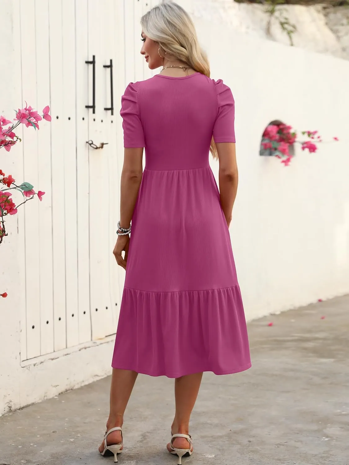 LOGENE Women's Summer Puff Short Sleeve A-Line Midi Dresses Casual Rib Knit T-Shirt Dress Flowy Beach Sundress with Pockets