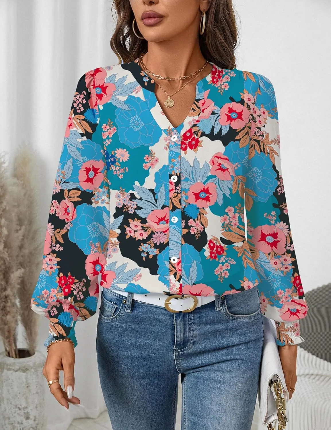 LOMON Button Down Shirt Women Fall Lantern Long Sleeve Blouses Casual Shirts