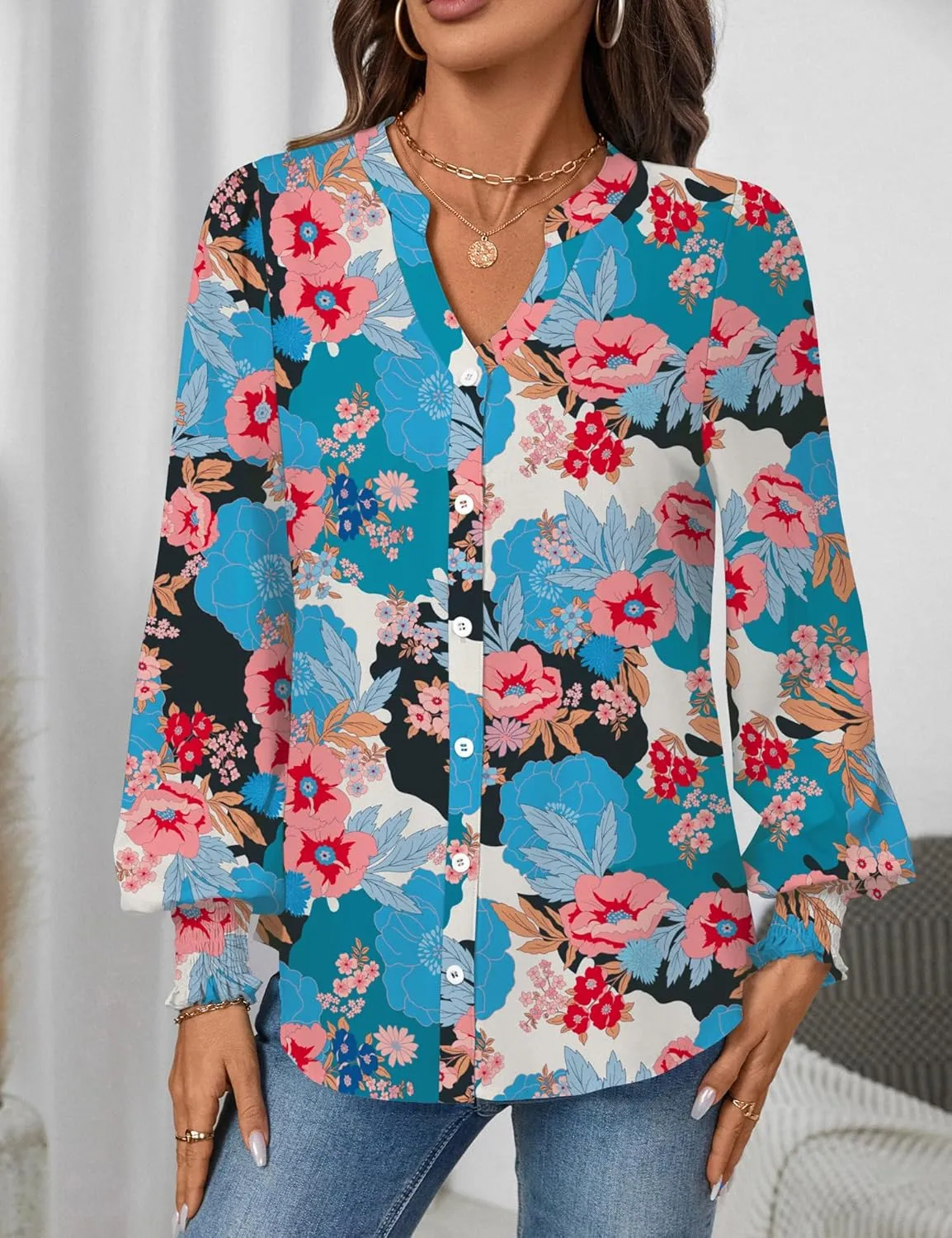 LOMON Button Down Shirt Women Fall Lantern Long Sleeve Blouses Casual Shirts