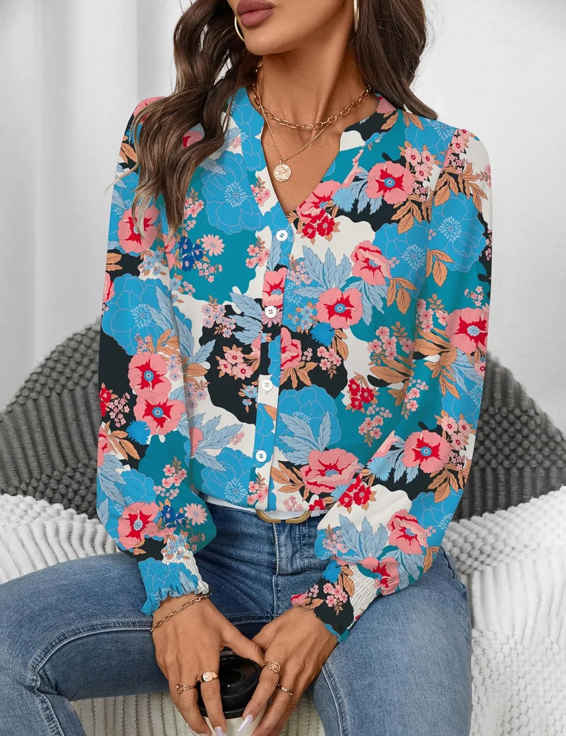LOMON Button Down Shirt Women Fall Lantern Long Sleeve Blouses Casual Shirts