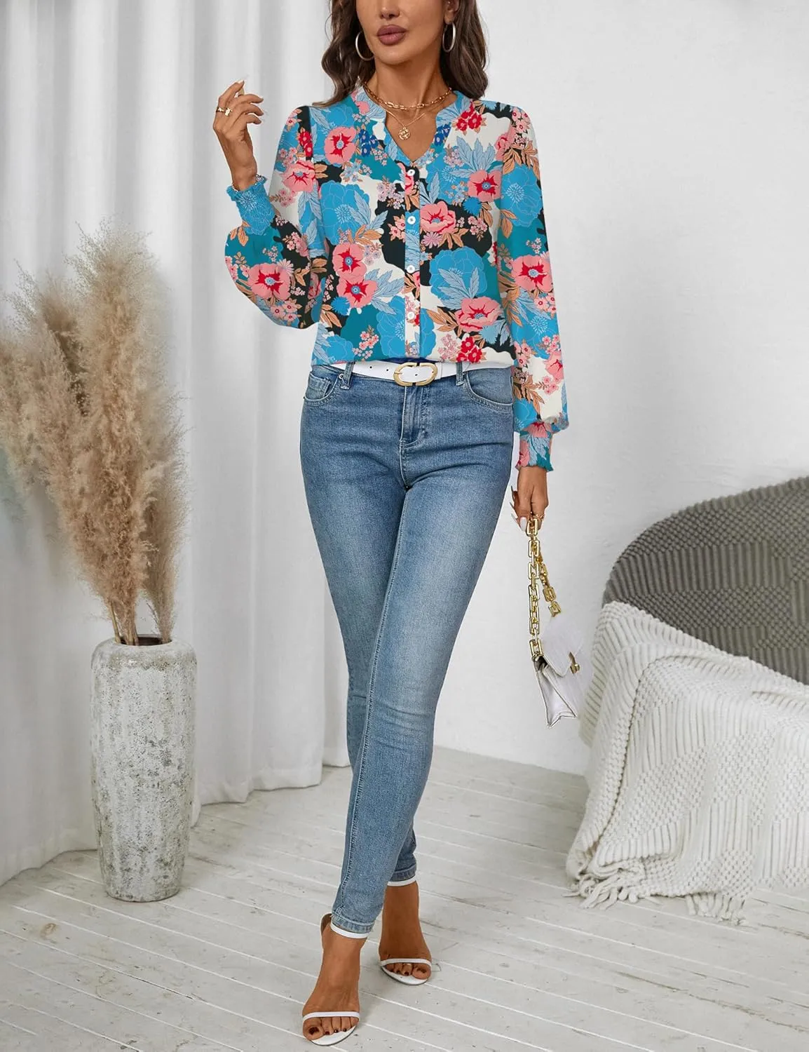 LOMON Button Down Shirt Women Fall Lantern Long Sleeve Blouses Casual Shirts
