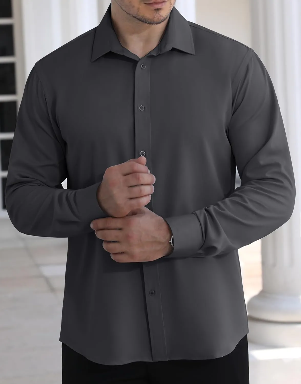 LUPURTY Dress Shirts for Men Long Sleeve Regular Fit Button Down Shirt Stretch Wrinkle Free Business Formal