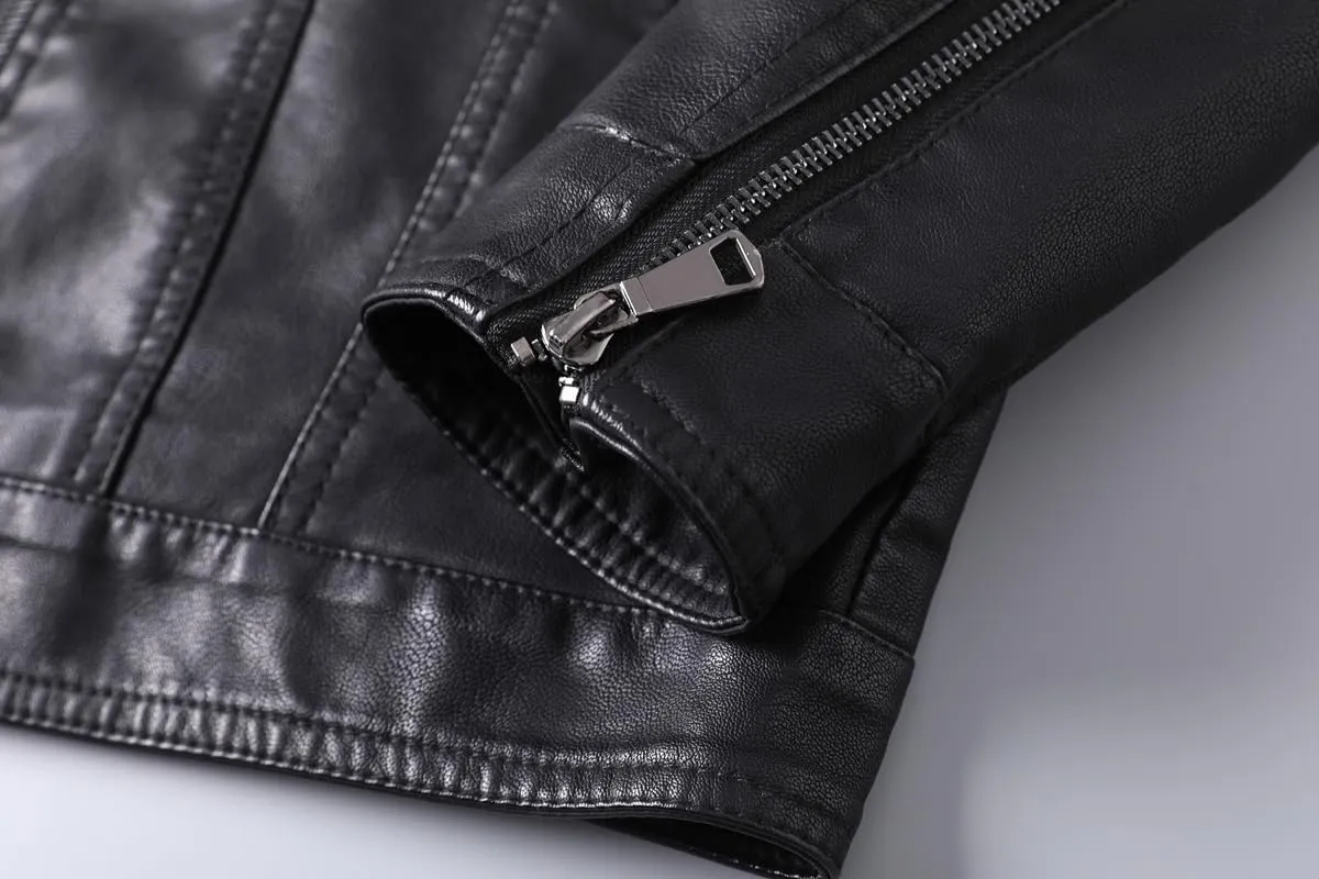 Mens Casual Stand Collar Slim Fit Faux Leather Jacket Biker Motorcycle Jacket