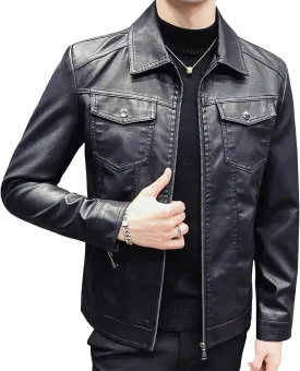 Mens Casual Stand Collar Slim Fit Faux Leather Jacket Biker Motorcycle Jacket