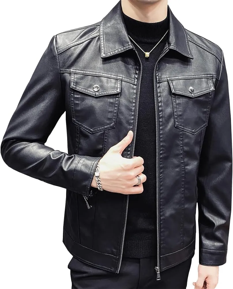 Mens Casual Stand Collar Slim Fit Faux Leather Jacket Biker Motorcycle Jacket