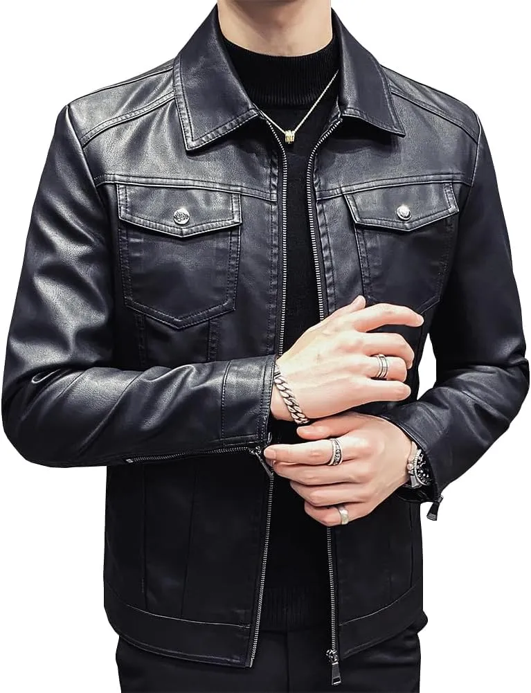Mens Casual Stand Collar Slim Fit Faux Leather Jacket Biker Motorcycle Jacket