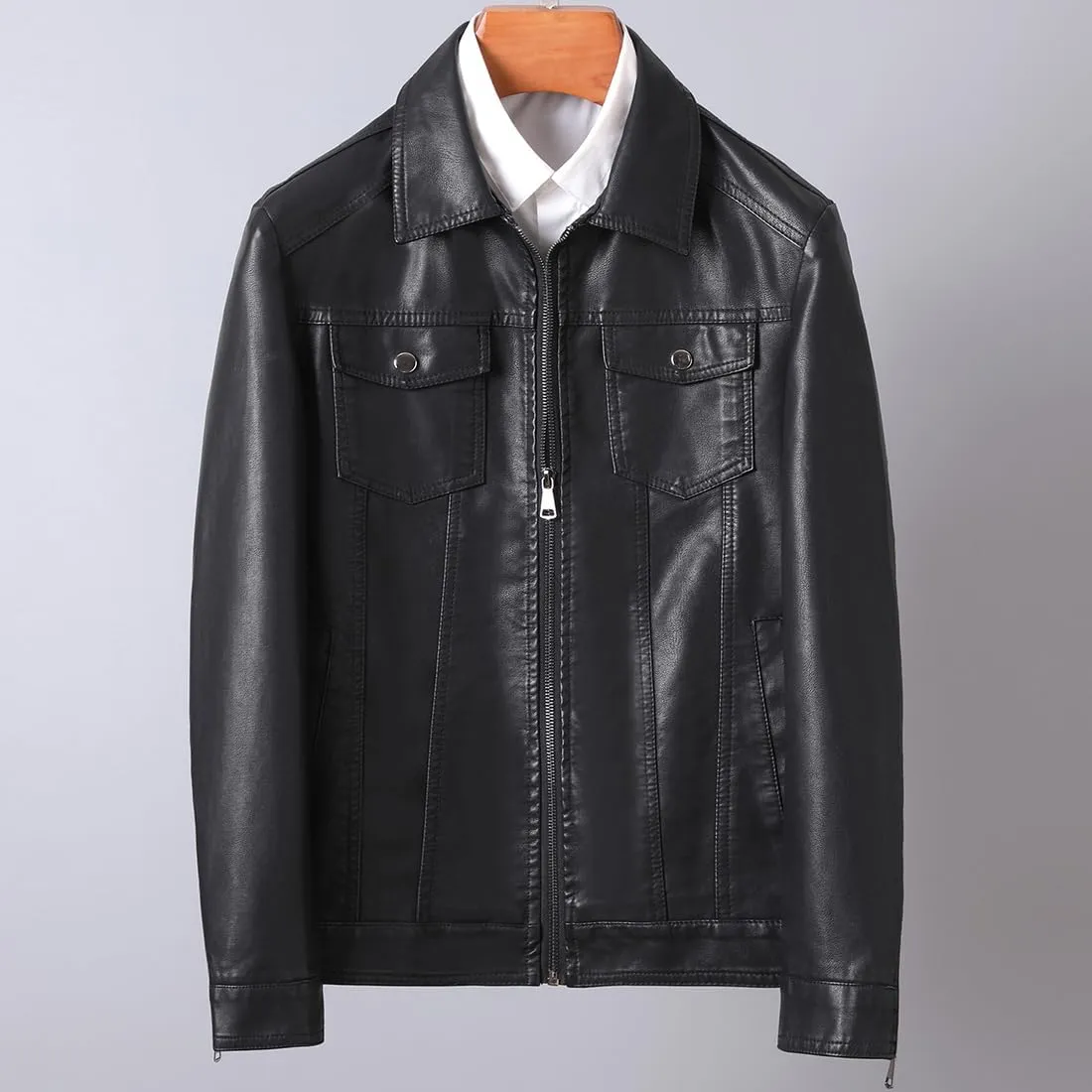 Mens Casual Stand Collar Slim Fit Faux Leather Jacket Biker Motorcycle Jacket