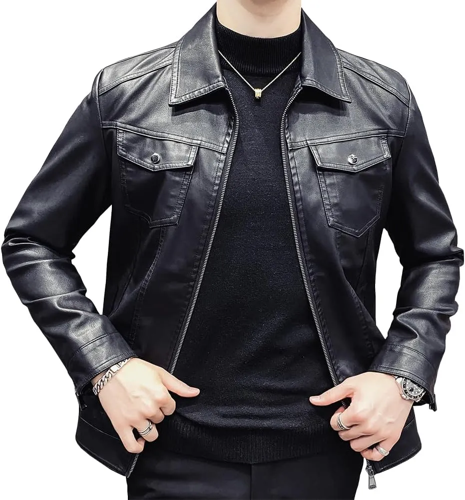 Mens Casual Stand Collar Slim Fit Faux Leather Jacket Biker Motorcycle Jacket