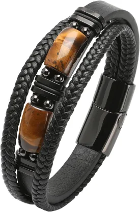Mens Cuff Tiger Eye Bracelet - Stainless Steel Black Leather Bracelets for Men - Multilayer Row Punk Jewelry