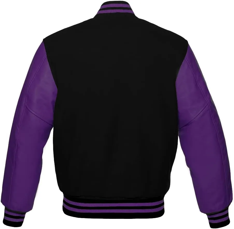 Men's Varsity Baseball Letterman Bomber Jacket Wool & Purple Genuine Leather Sleeves