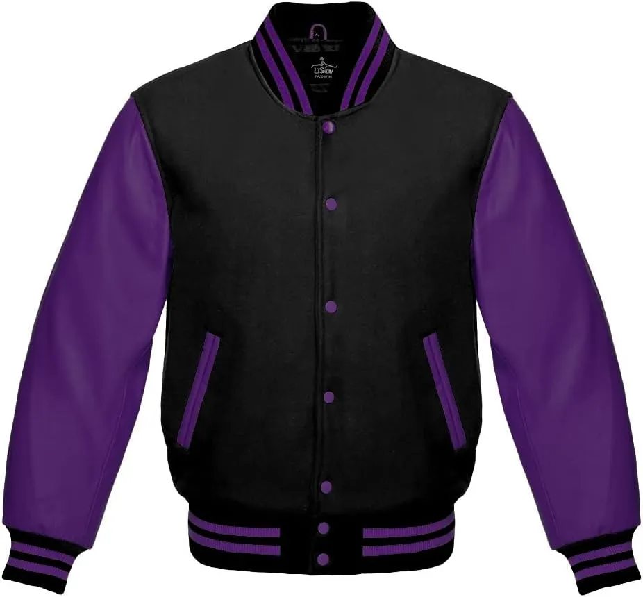 Men's Varsity Baseball Letterman Bomber Jacket Wool & Purple Genuine Leather Sleeves