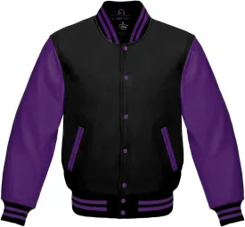 Men's Varsity Baseball Letterman Bomber Jacket Wool & Purple Genuine Leather Sleeves