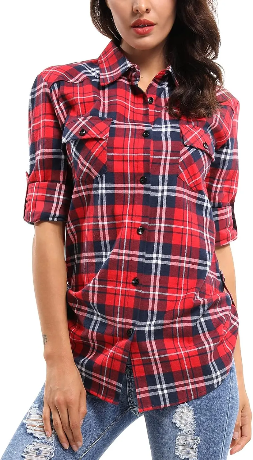 OCHENTA Women's Roll Up Sleeve Button Down Plaid Flannel Shirt Fall Casual Tops D001 Classic Red S