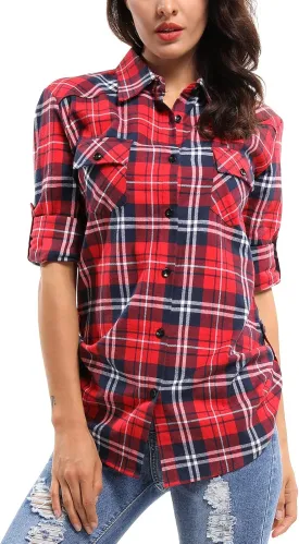 OCHENTA Women's Roll Up Sleeve Button Down Plaid Flannel Shirt Fall Casual Tops D001 Classic Red S