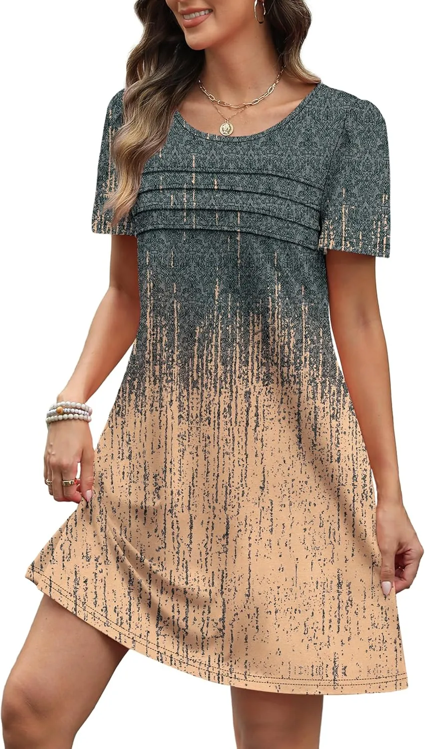 OFEEFAN Womens Pleated Front Dresses Fashion Spring Puff Sleeve Pockets Sundress Casual Summer