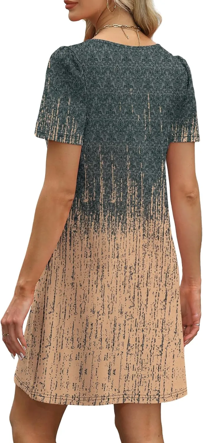 OFEEFAN Womens Pleated Front Dresses Fashion Spring Puff Sleeve Pockets Sundress Casual Summer
