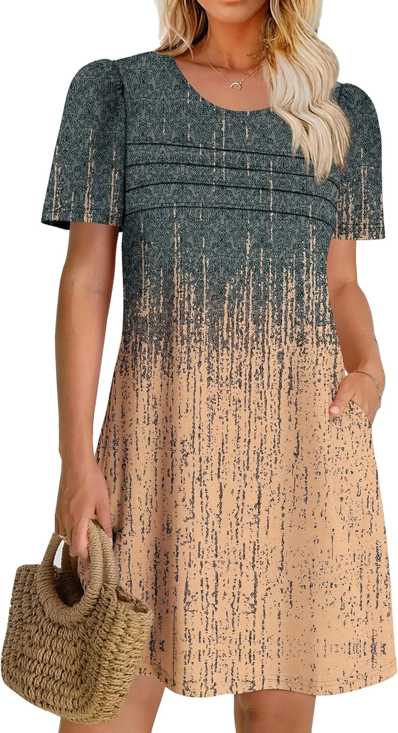 OFEEFAN Womens Pleated Front Dresses Fashion Spring Puff Sleeve Pockets Sundress Casual Summer