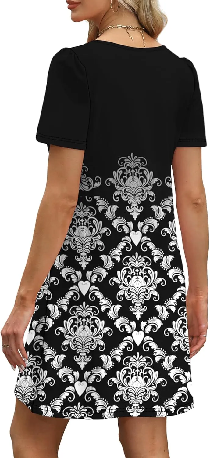 OFEEFAN Womens Pleated Front Dresses Fashion Spring Puff Sleeve Pockets Sundress Casual Summer