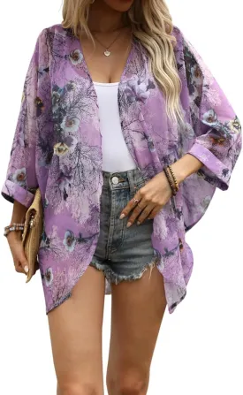 olrain Women's Floral Print Sheer Chiffon 3/4 Bat Sleeve Casual Loose Kimono Cardigan Capes